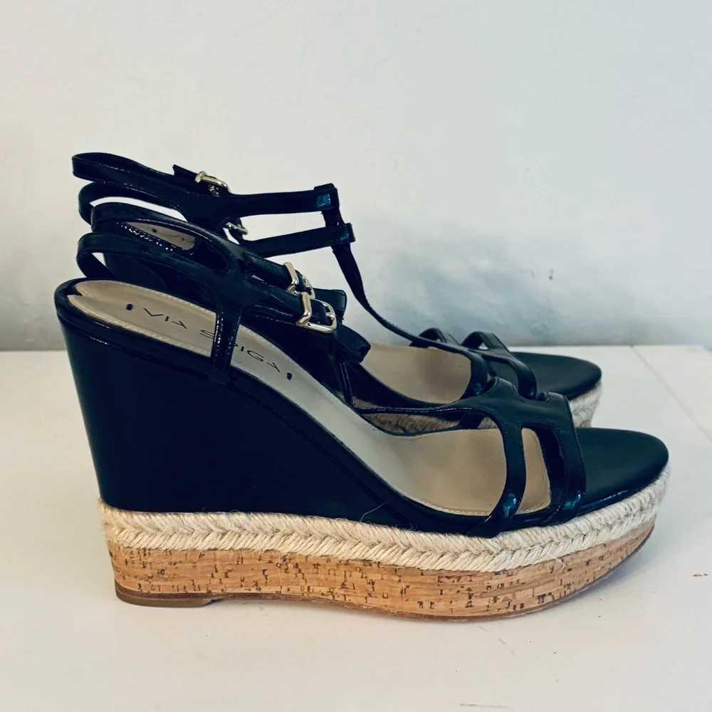 Via Spiga Patent Leather Wedge Platform Sandals Espadrille Cork Sole, Black, 9